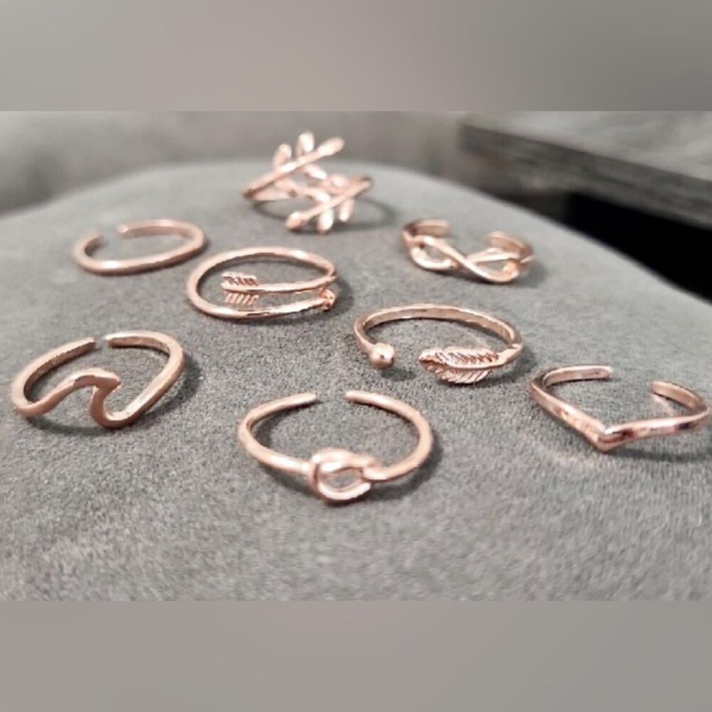 8pc Rose Gold Adjustable Ring Set Leaf Knot Bow Arrow Stackable Rings Jewelry